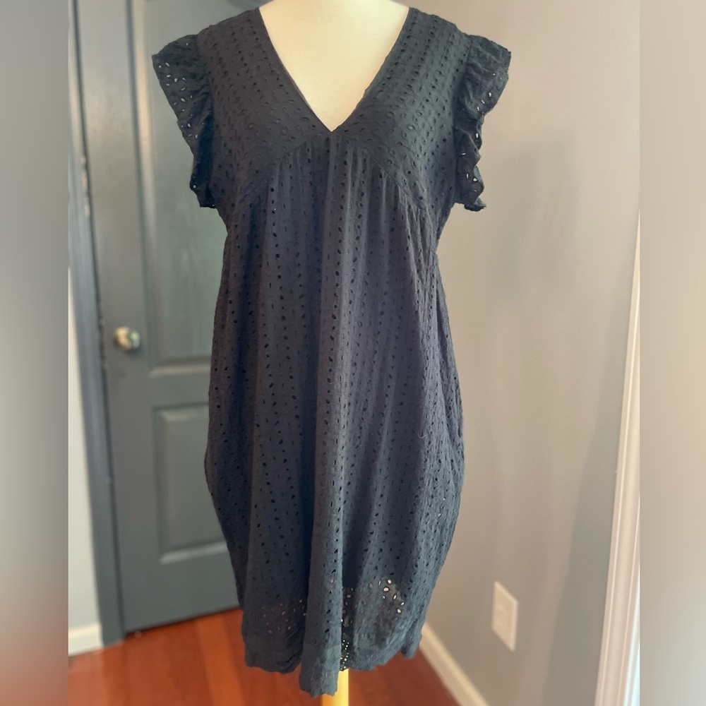 Black Eyelet Babydoll Ruffle Sleeve V Neck Cotton Flirty Summer Dress